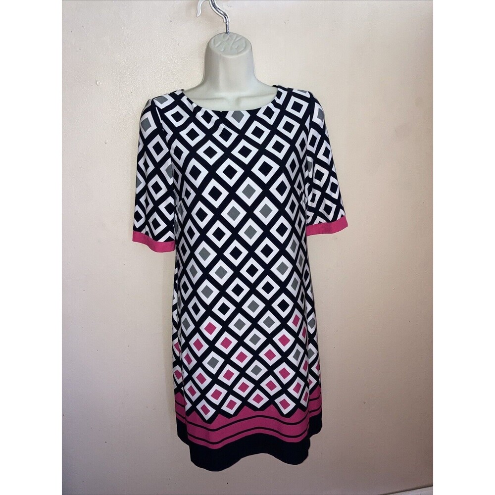 Eliza J Size 4 Mod Geometric Shift Dress Pink Black White Geo Print Retro 60s